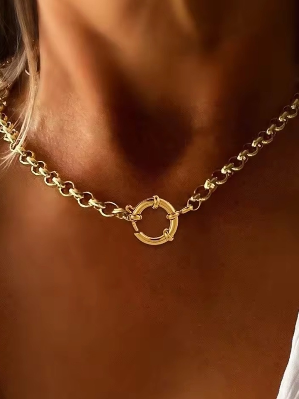 Gold Stainless Steel Link Necklace with Circular Toggle Pendant or Ring Holder